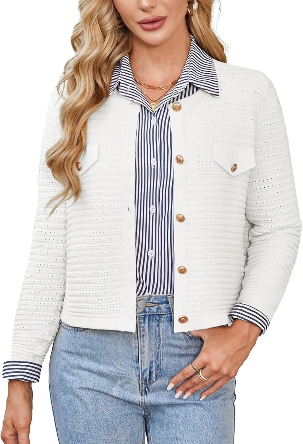 GRACE KARIN Women's Knit Cardigan Sweaters Long Sleeve Open Front Button Down Trendy Jackets Lightweight Summer Outfits
