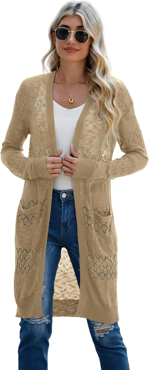 GRECERELLE Womens Lightweight Longer Length Cardigan Long Sleeve Casual Crochet Open-Front Sweater with Pockets