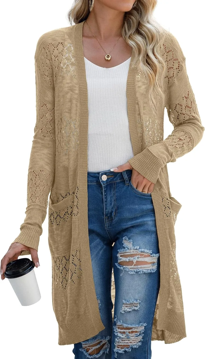 GRECERELLE Womens Lightweight Longer Length Cardigan Long Sleeve Casual Crochet Open-Front Sweater with Pockets