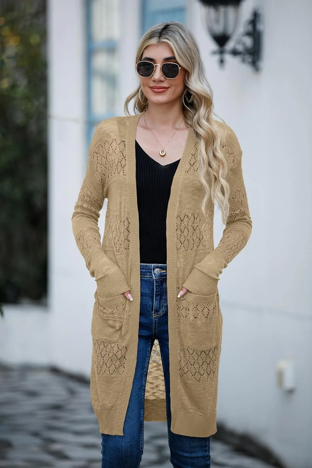 GRECERELLE Womens Lightweight Longer Length Cardigan Long Sleeve Casual Crochet Open-Front Sweater with Pockets