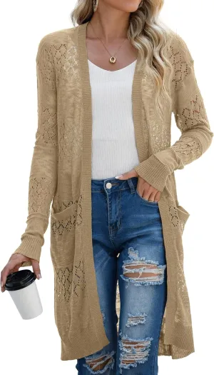 GRECERELLE Womens Lightweight Longer Length Cardigan Long Sleeve Casual Crochet Open-Front Sweater with Pockets