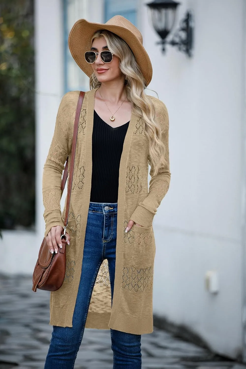 GRECERELLE Womens Lightweight Longer Length Cardigan Long Sleeve Casual Crochet Open-Front Sweater with Pockets