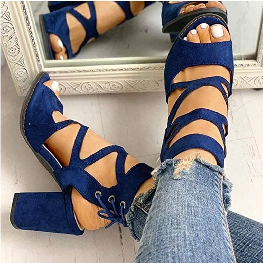 GUNIYIFS Women's Dress Shoes Heeled Sandals Blue Work Open Toe Lace Up Sandals Block Heel Sandals for Women Casual Summer Fashion