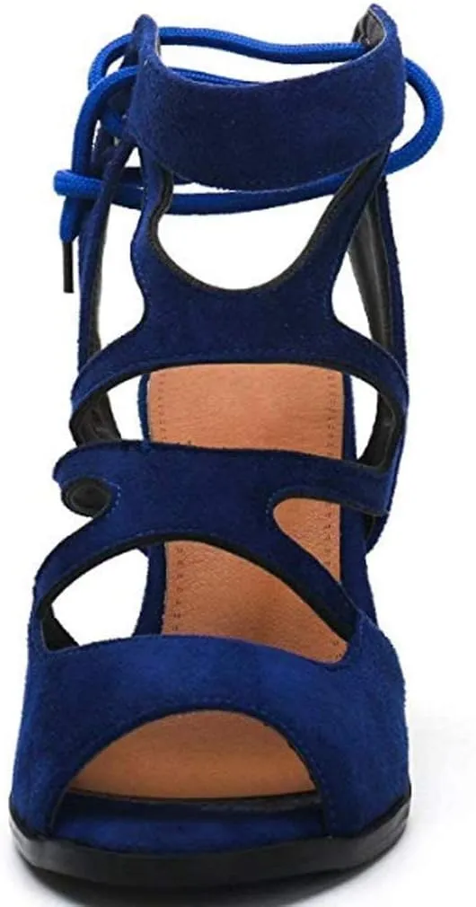 GUNIYIFS Women's Dress Shoes Heeled Sandals Blue Work Open Toe Lace Up Sandals Block Heel Sandals for Women Casual Summer Fashion