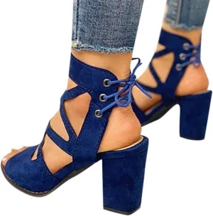 GUNIYIFS Women's Dress Shoes Heeled Sandals Blue Work Open Toe Lace Up Sandals Block Heel Sandals for Women Casual Summer Fashion