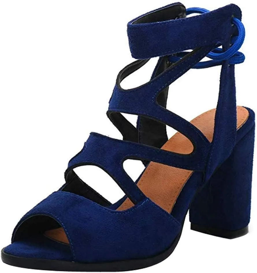 GUNIYIFS Women's Dress Shoes Heeled Sandals Blue Work Open Toe Lace Up Sandals Block Heel Sandals for Women Casual Summer Fashion