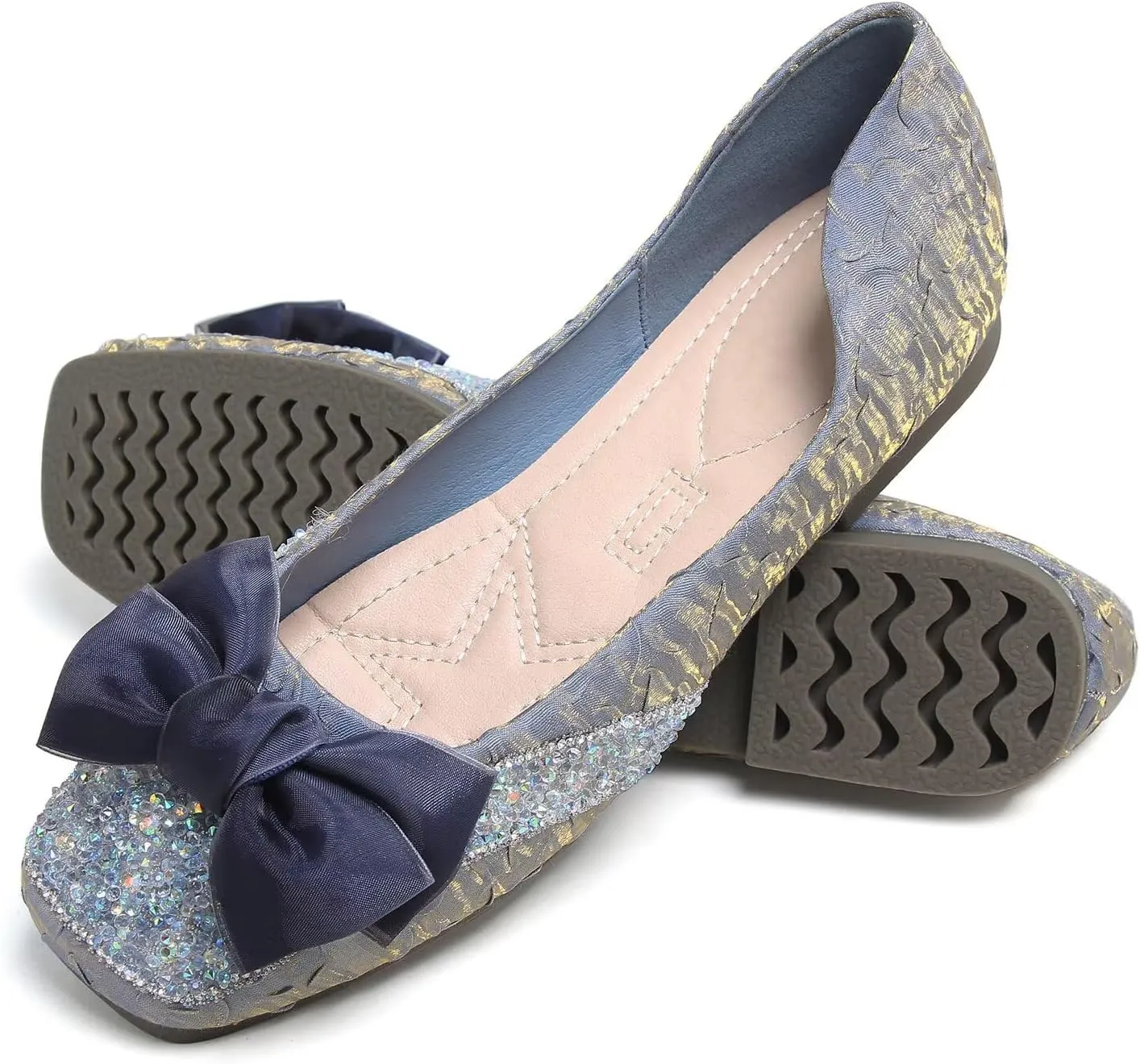 Hee grand Women Crystals Bowknot Ballet Flats Square Toe Slip On Flat Shoes Fashion Rhinestones Dress Shoes