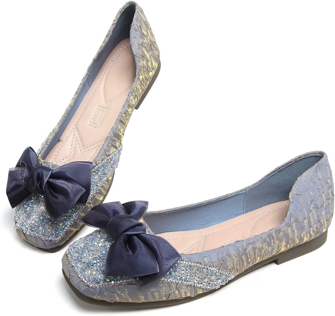 Hee grand Women Crystals Bowknot Ballet Flats Square Toe Slip On Flat Shoes Fashion Rhinestones Dress Shoes