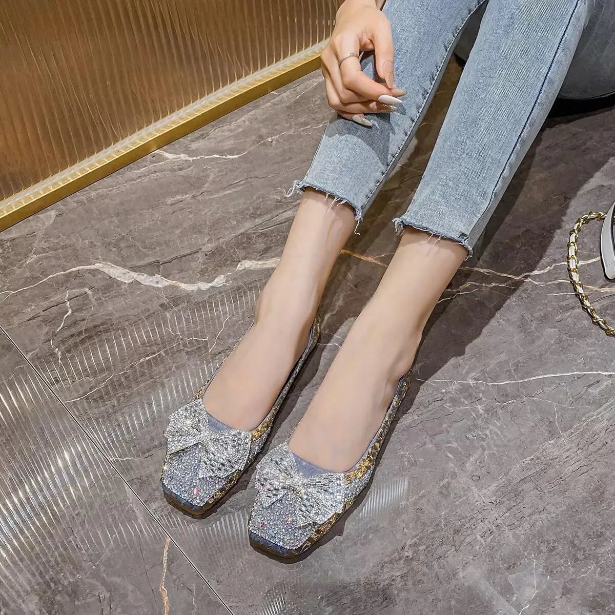 Hee grand Women Crystals Bowknot Ballet Flats Square Toe Slip On Flat Shoes Fashion Rhinestones Dress Shoes