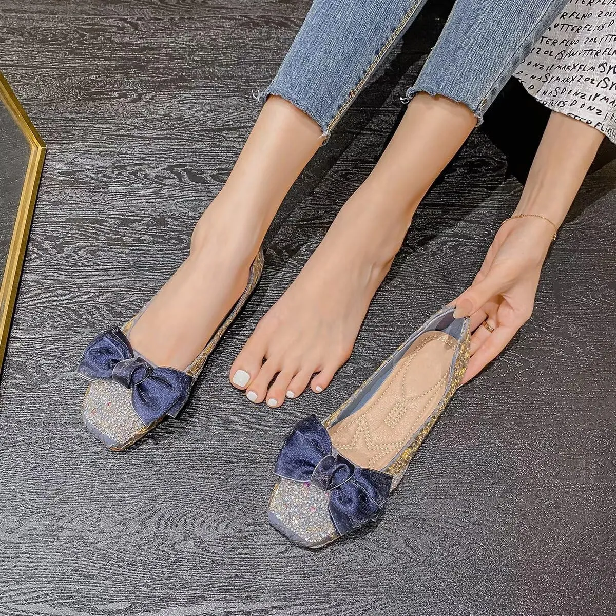 Hee grand Women Crystals Bowknot Ballet Flats Square Toe Slip On Flat Shoes Fashion Rhinestones Dress Shoes
