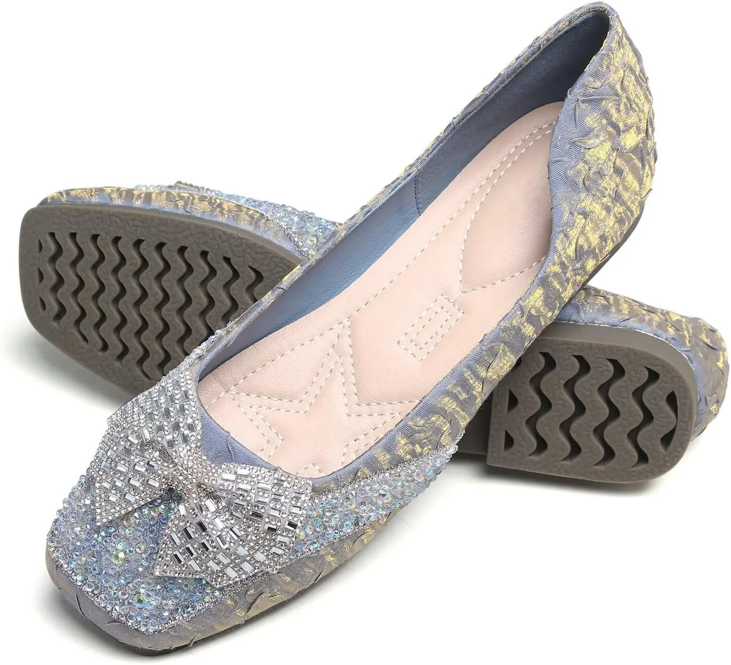 Hee grand Women Crystals Bowknot Ballet Flats Square Toe Slip On Flat Shoes Fashion Rhinestones Dress Shoes