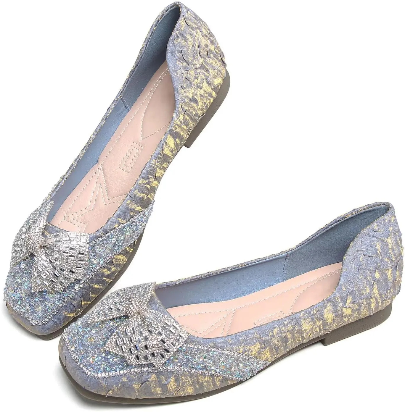 Hee grand Women Crystals Bowknot Ballet Flats Square Toe Slip On Flat Shoes Fashion Rhinestones Dress Shoes