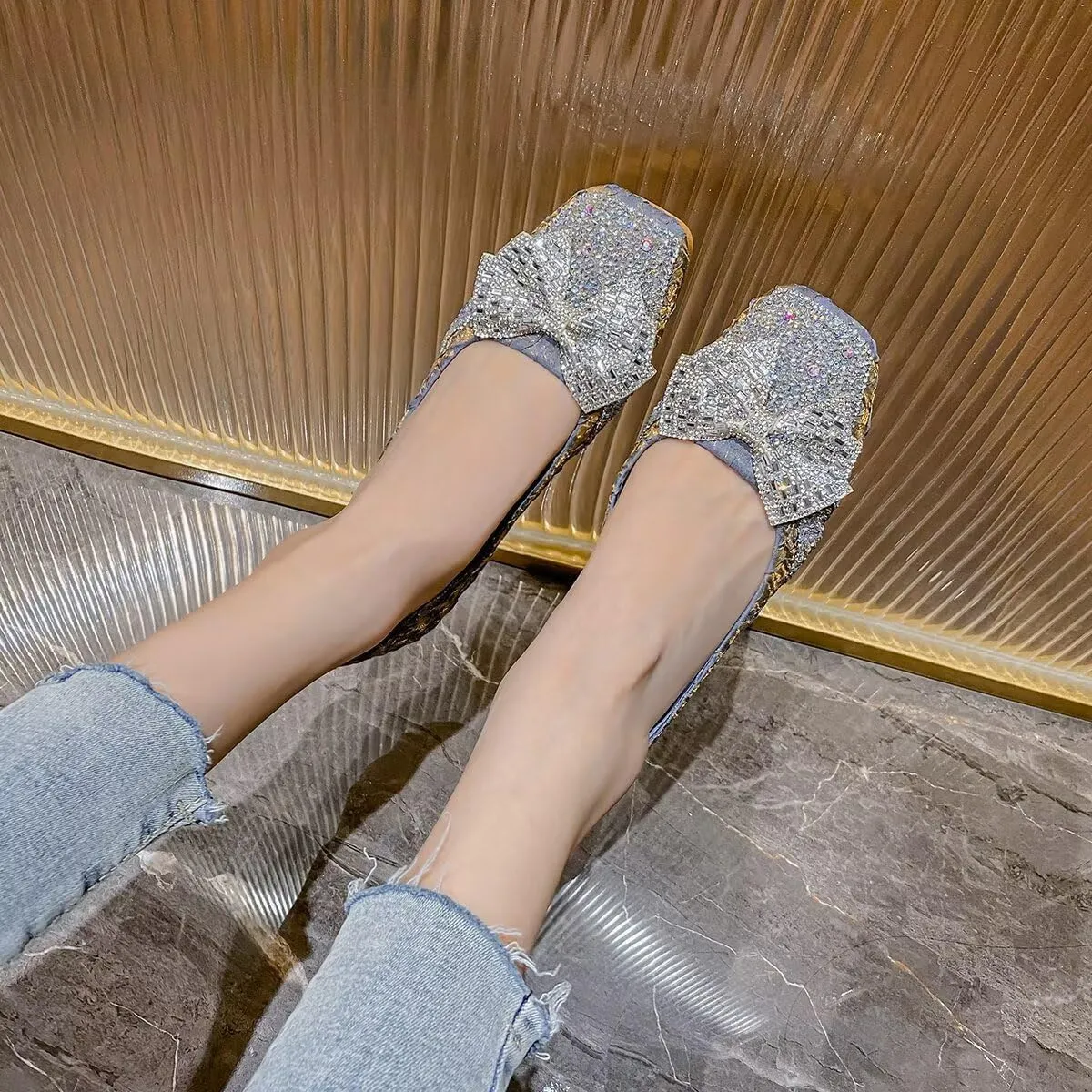 Hee grand Women Crystals Bowknot Ballet Flats Square Toe Slip On Flat Shoes Fashion Rhinestones Dress Shoes