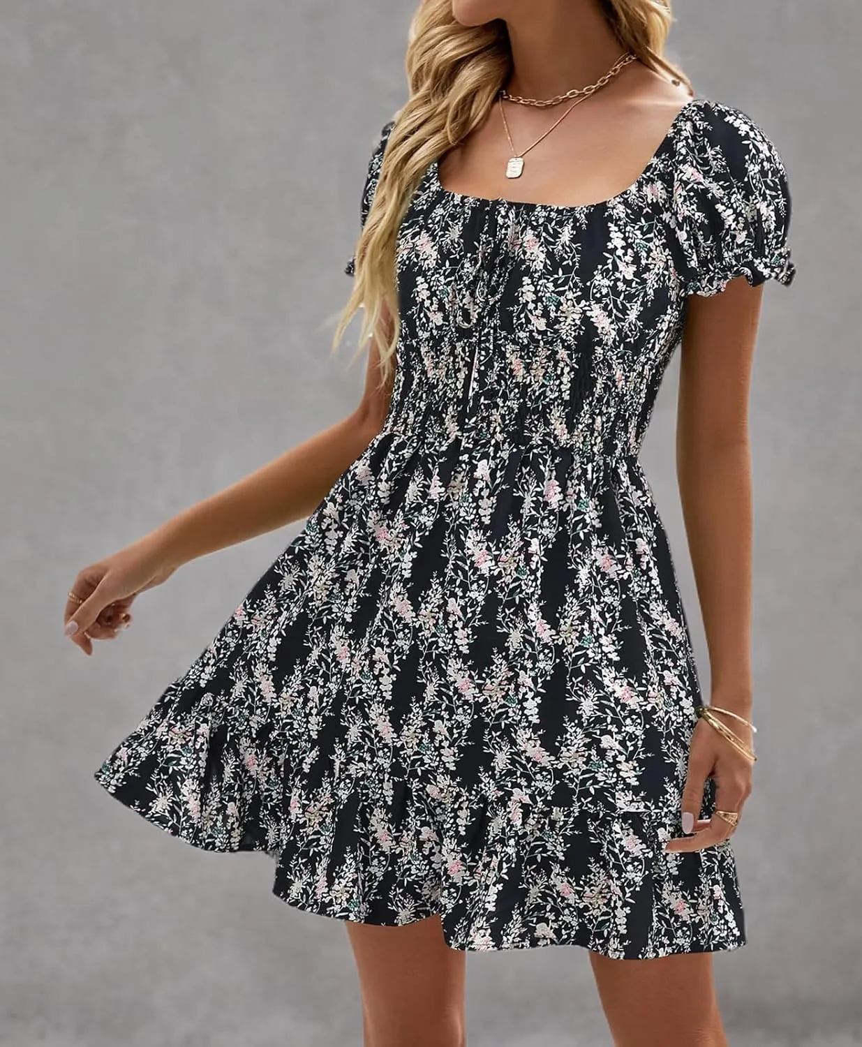 Heysolo Womens Boho Floral Smocked Square Neck Short Sleeve Ruffle Beach Summer Mini Dress