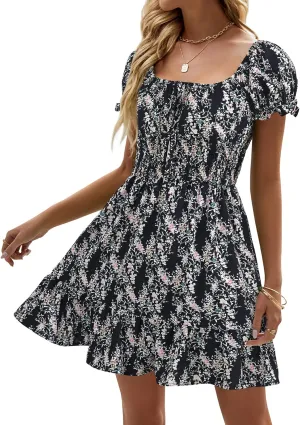 Heysolo Womens Boho Floral Smocked Square Neck Short Sleeve Ruffle Beach Summer Mini Dress