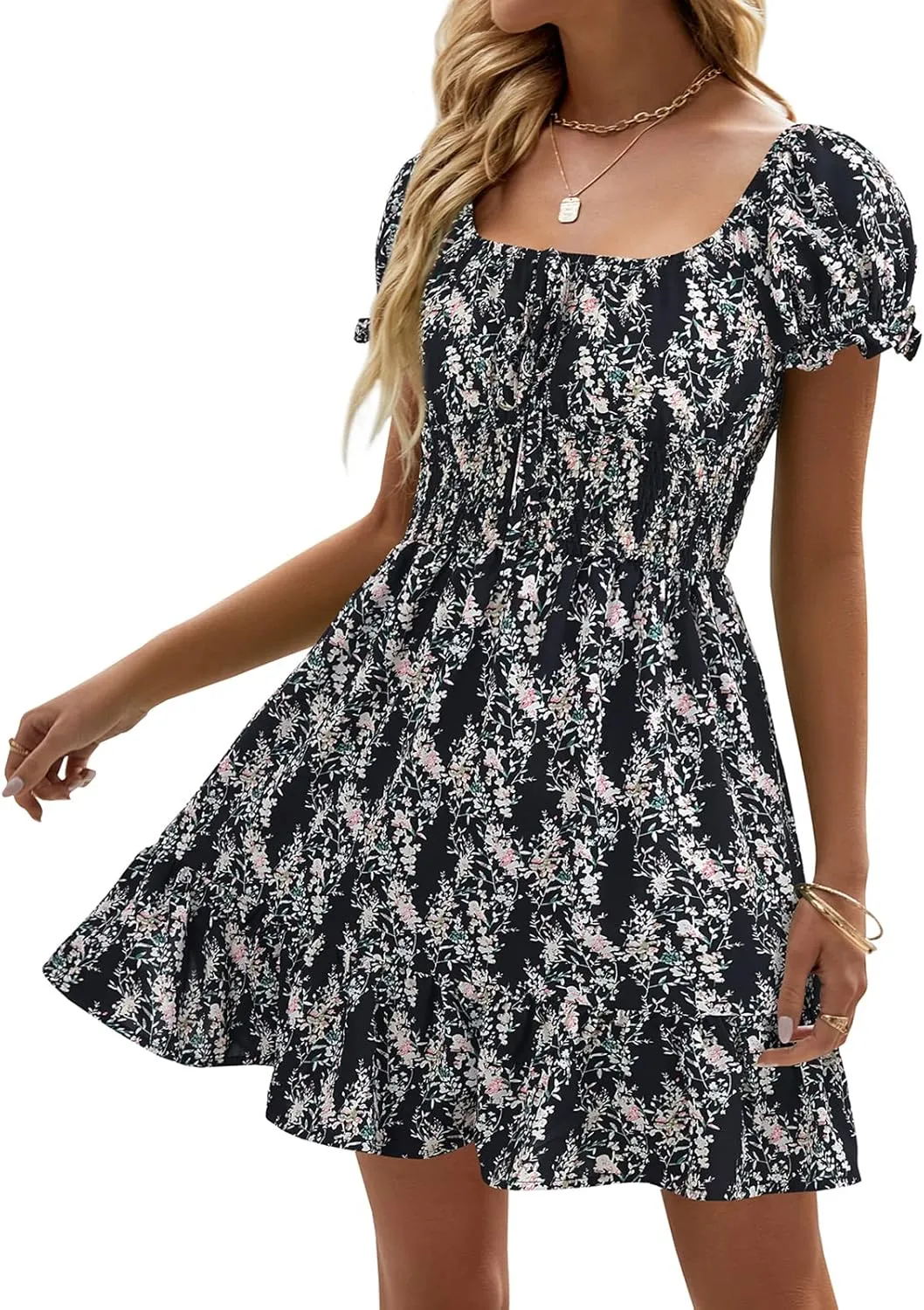 Heysolo Womens Boho Floral Smocked Square Neck Short Sleeve Ruffle Beach Summer Mini Dress