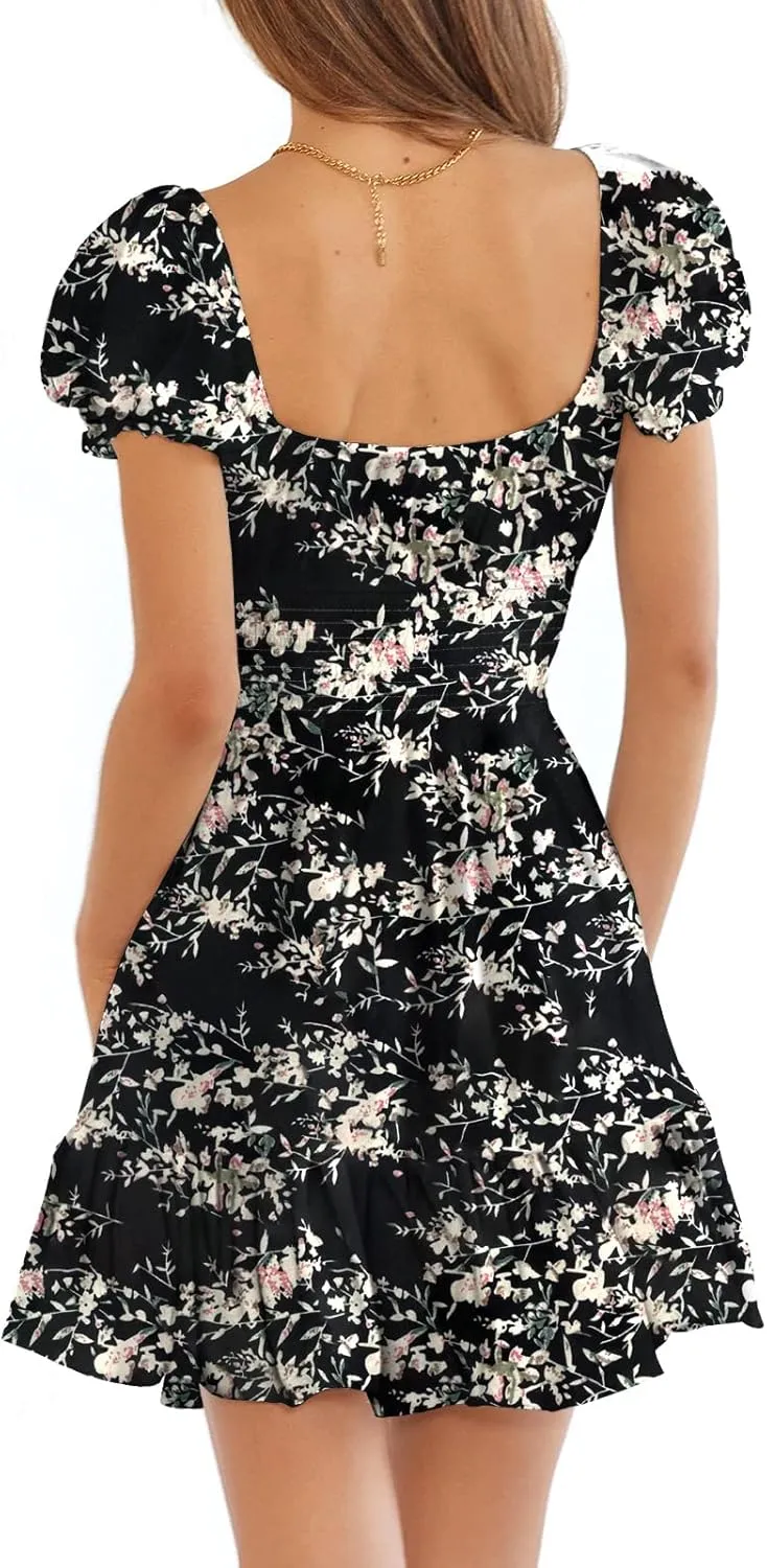 Heysolo Womens Boho Floral Smocked Square Neck Short Sleeve Ruffle Beach Summer Mini Dress