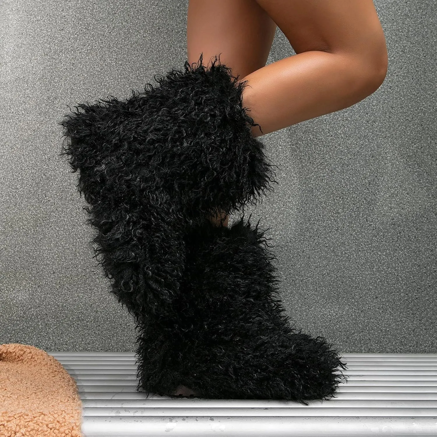 HINDOLA Women's Faux Fur Mid-Calf Boots: Warm Fur Lining, Non-Slip Soles, Water-Repellent Material - Black
