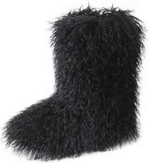 HINDOLA Women's Faux Fur Mid-Calf Boots: Warm Fur Lining, Non-Slip Soles, Water-Repellent Material - Black