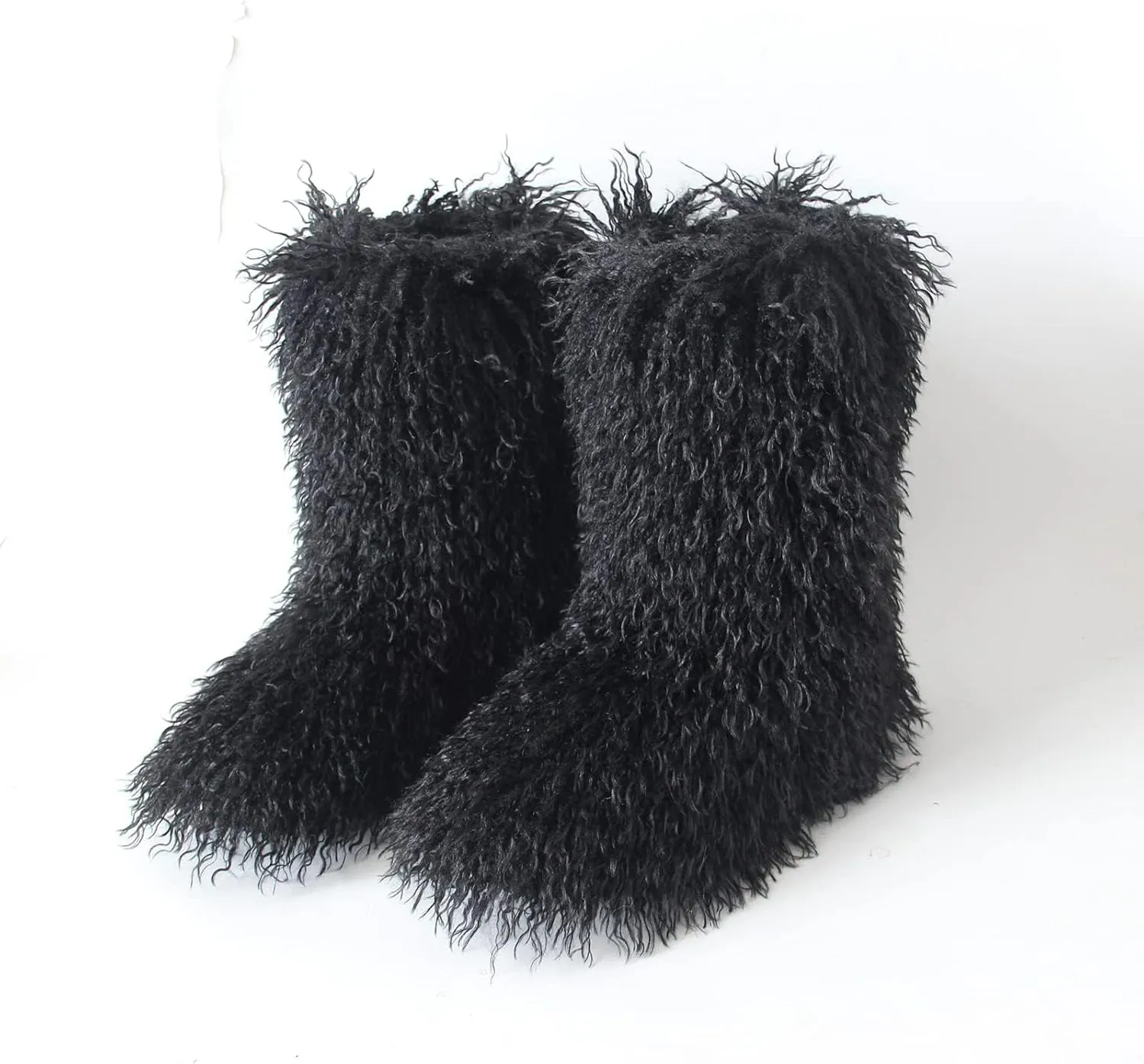 HINDOLA Women's Faux Fur Mid-Calf Boots: Warm Fur Lining, Non-Slip Soles, Water-Repellent Material - Black