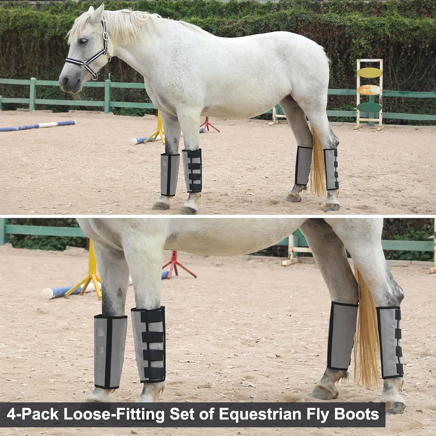 Horse Fly Boots Set of 4 - Non-Slip Leg Guards Extra Tough Mesh Ventilated, Adjustable Horse Fly Leggings Reduce Stomping & Hoof Stress & Leg Fatigue Grey Large