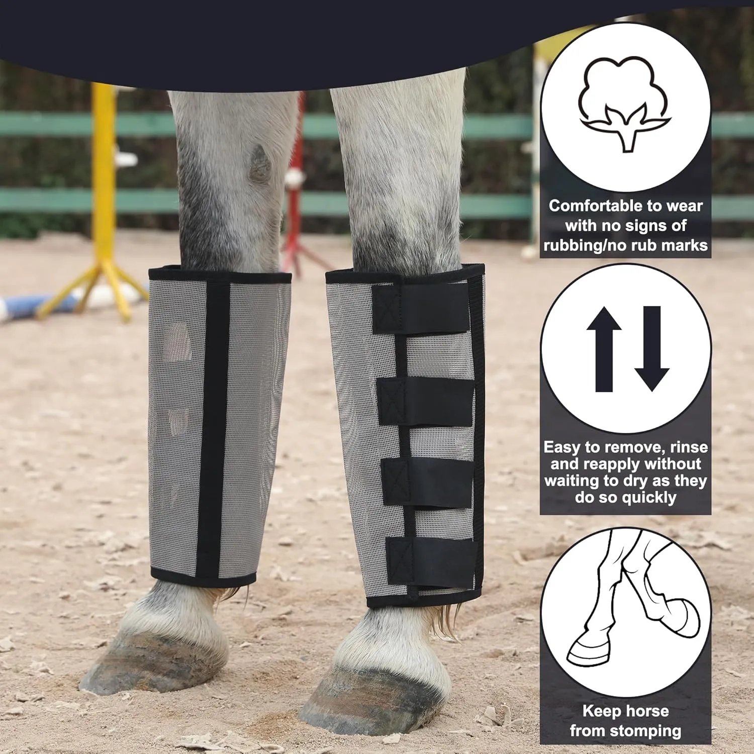 Horse Fly Boots Set of 4 - Non-Slip Leg Guards Extra Tough Mesh Ventilated, Adjustable Horse Fly Leggings Reduce Stomping & Hoof Stress & Leg Fatigue Grey Large
