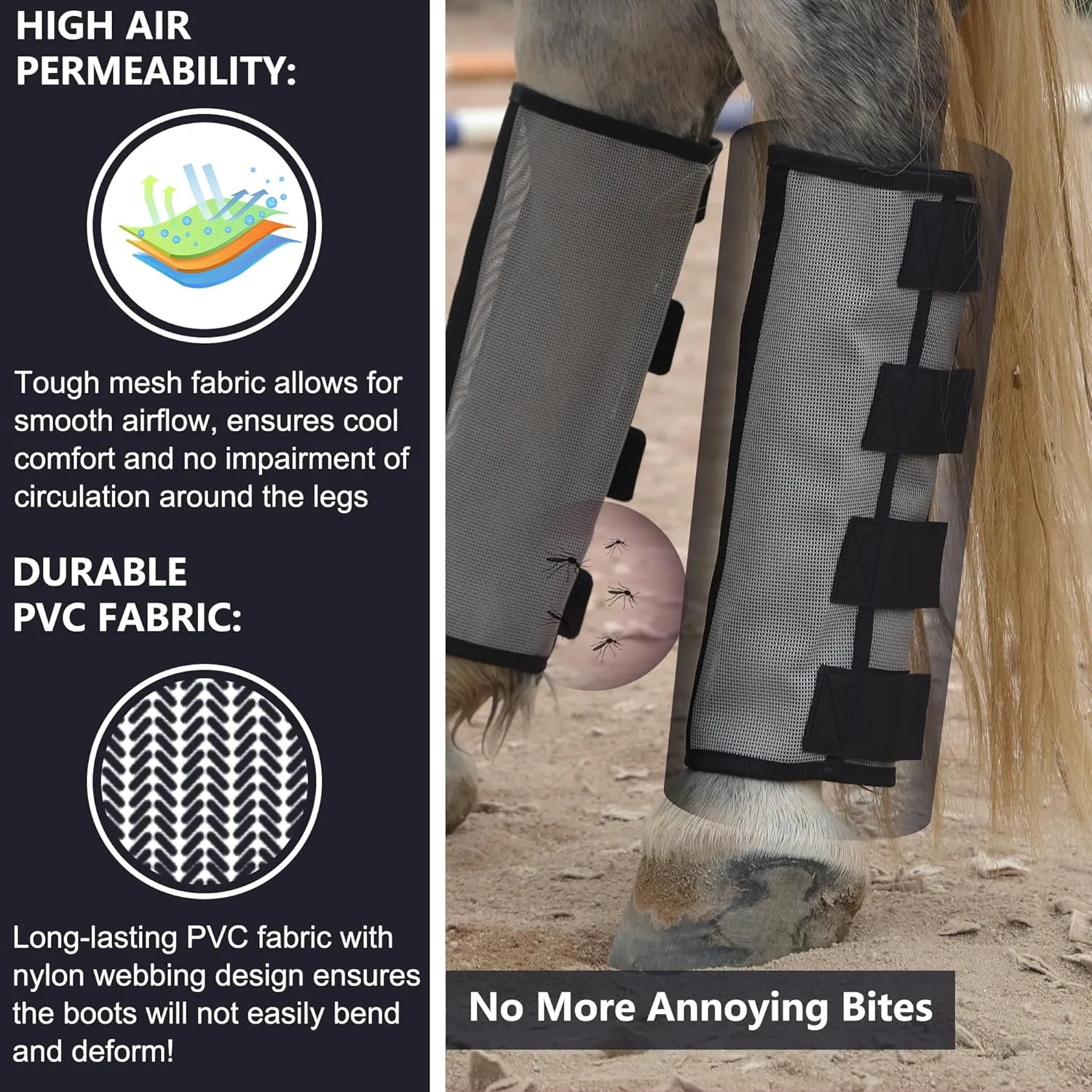 Horse Fly Boots Set of 4 - Non-Slip Leg Guards Extra Tough Mesh Ventilated, Adjustable Horse Fly Leggings Reduce Stomping & Hoof Stress & Leg Fatigue Grey Large