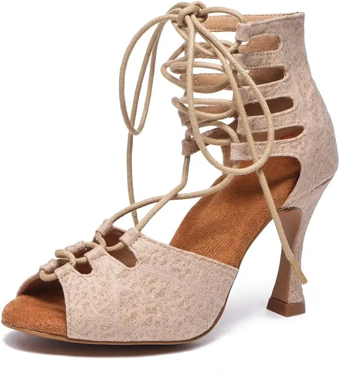 HROYL Women Open Toe Dance Boots with Lace-up Latin Salsa Ballrooom Performence Pratice Dance Shoes,Model L544