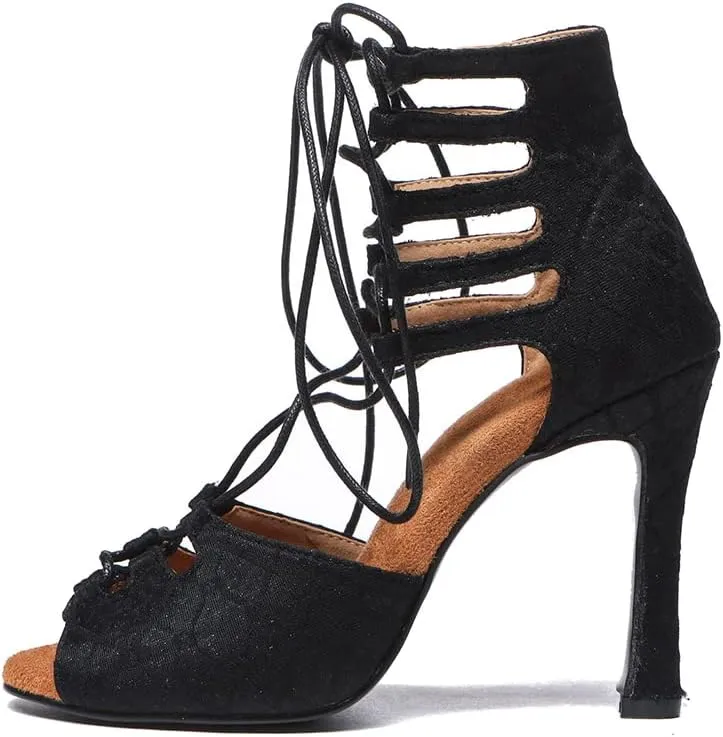 HROYL Women Open Toe Dance Boots with Lace-up Latin Salsa Ballrooom Performence Pratice Dance Shoes,Model L544