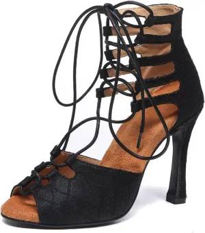 HROYL Women Open Toe Dance Boots with Lace-up Latin Salsa Ballrooom Performence Pratice Dance Shoes,Model L544