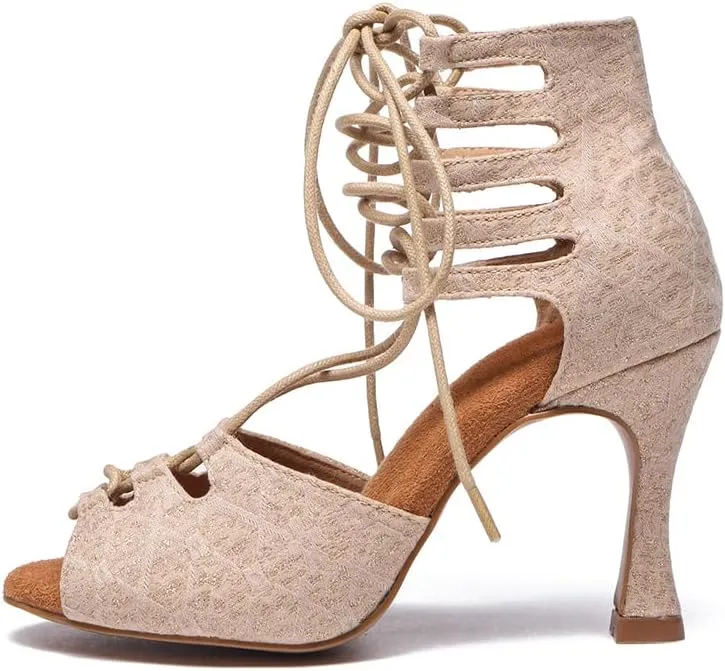 HROYL Women Open Toe Dance Boots with Lace-up Latin Salsa Ballrooom Performence Pratice Dance Shoes,Model L544