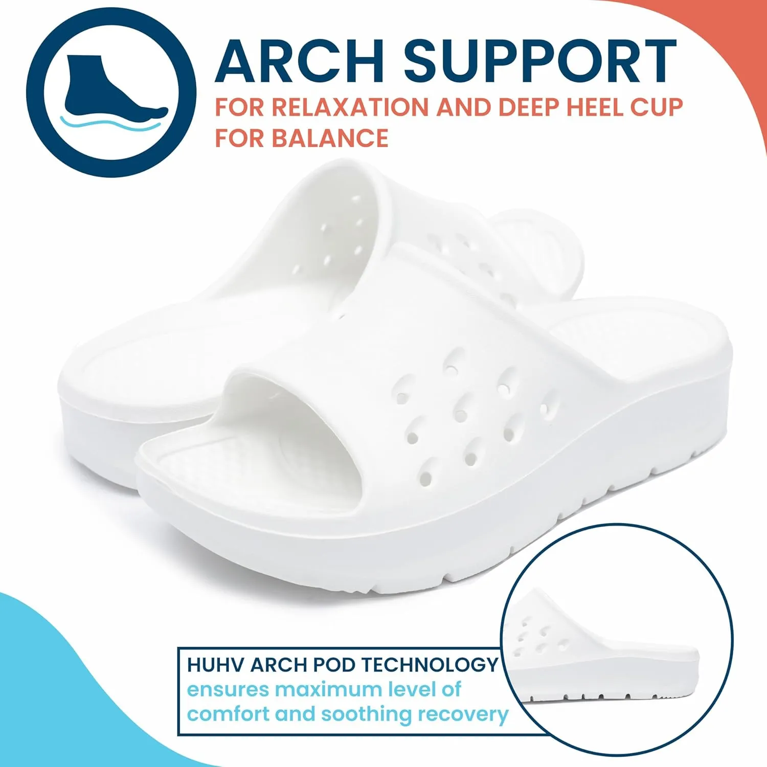 HUHV Women's MAX Cushion Arch Pod Tech Recovery comfort Slide Sandal with Comfort Orthotic Arch Support and our Proprietary HEALIUM Foam Technology