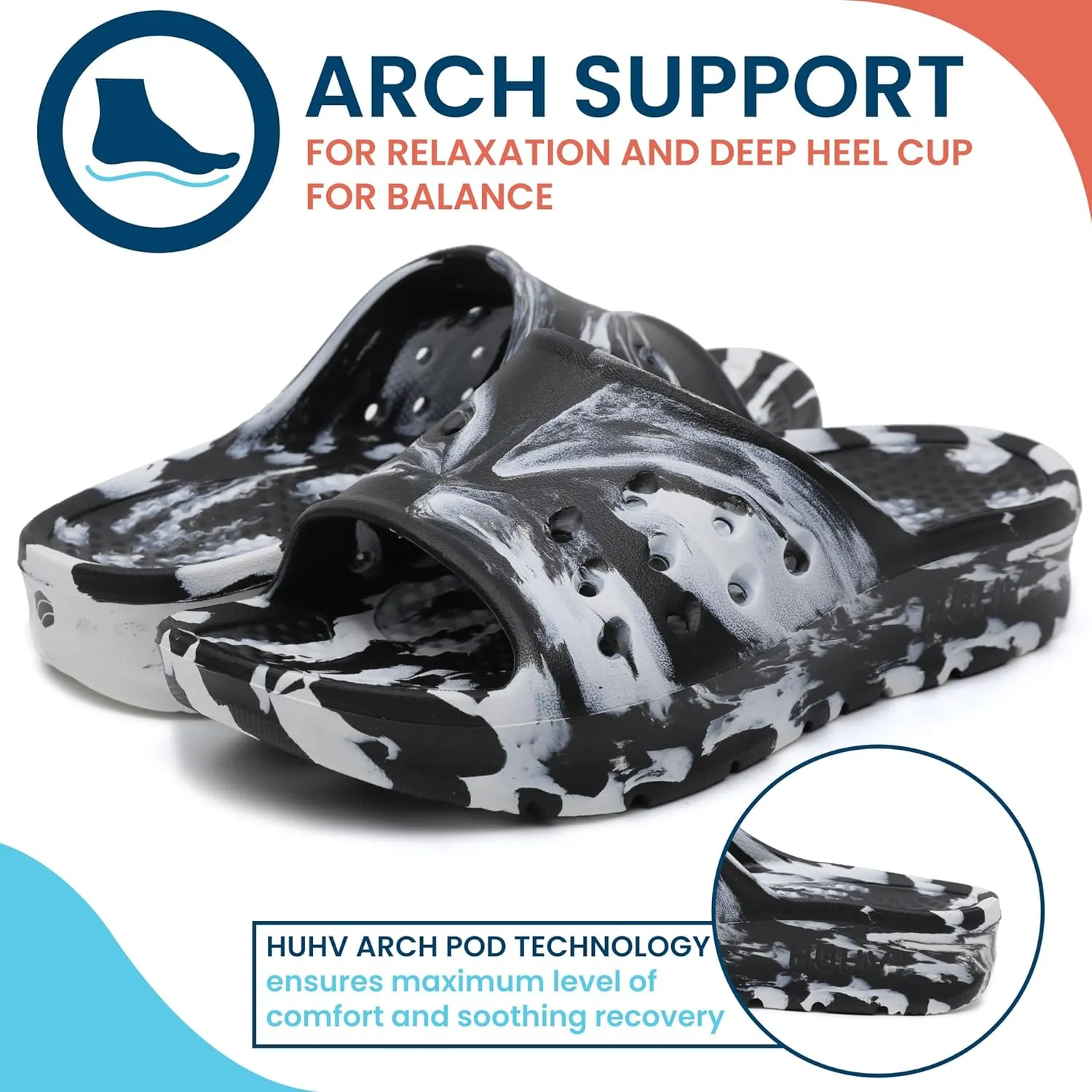 HUHV Women's MAX Cushion Arch Pod Tech Recovery comfort Slide Sandal with Comfort Orthotic Arch Support and our Proprietary HEALIUM Foam Technology