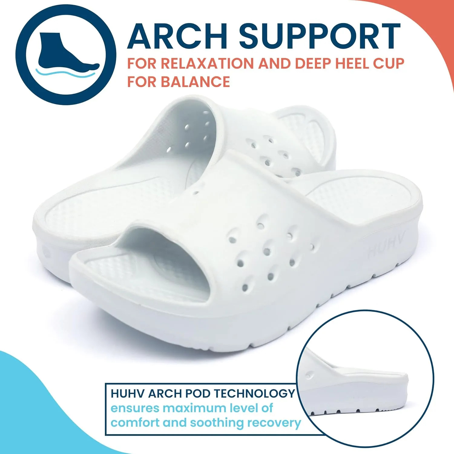 HUHV Women's MAX Cushion Arch Pod Tech Recovery comfort Slide Sandal with Comfort Orthotic Arch Support and our Proprietary HEALIUM Foam Technology