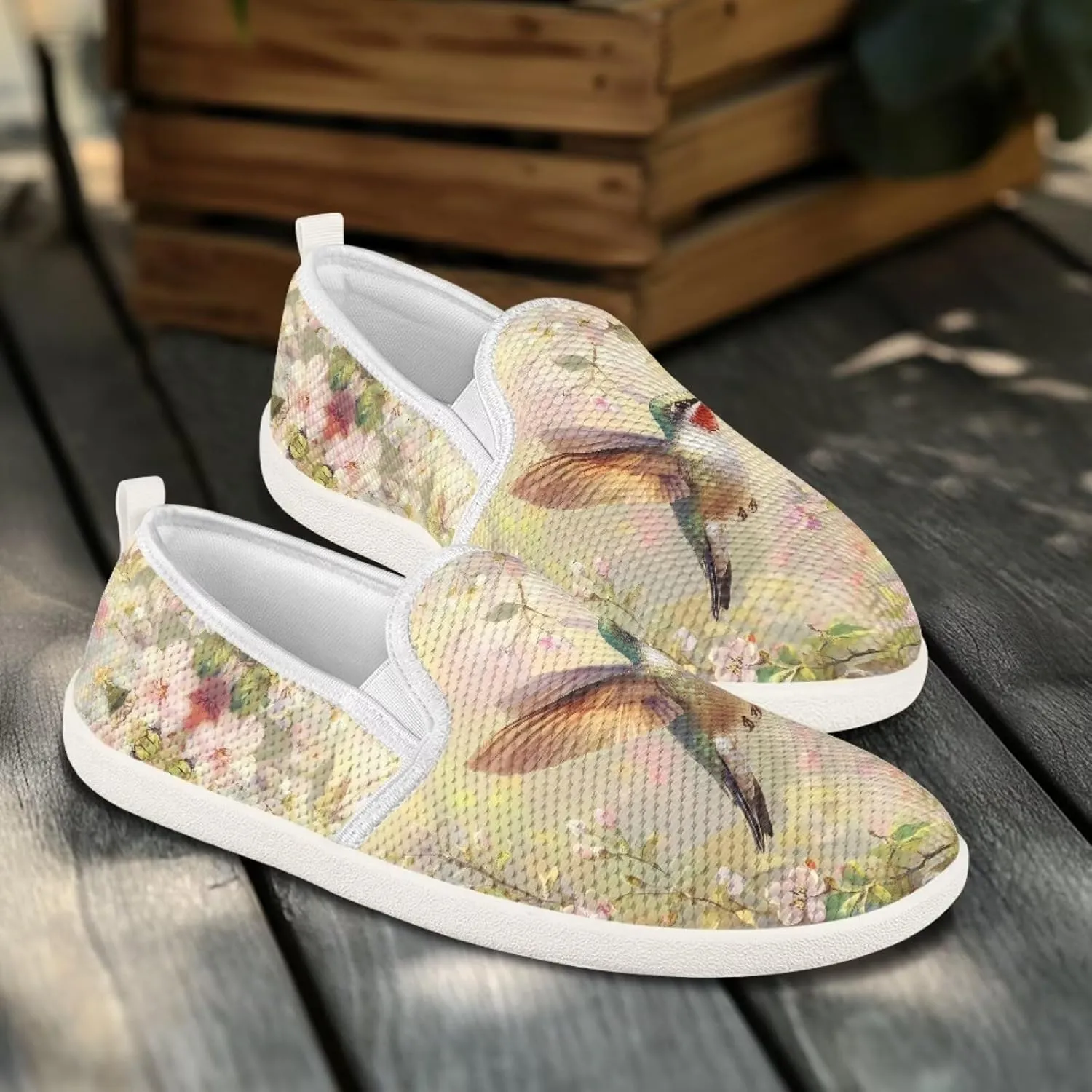 Hummingbird Pattern Breathable Lightweight Running Shoes - Fashionable Flats for Women, Slip-Resistant Work Shoes & Tennis Shoes