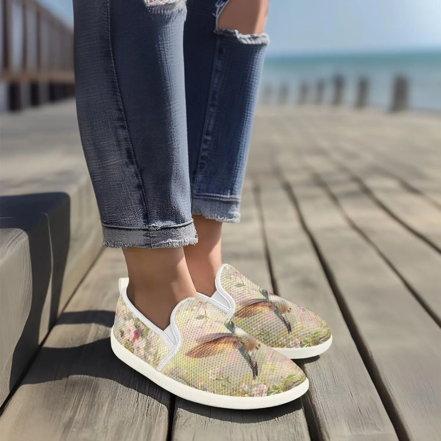 Hummingbird Pattern Breathable Lightweight Running Shoes - Fashionable Flats for Women, Slip-Resistant Work Shoes & Tennis Shoes