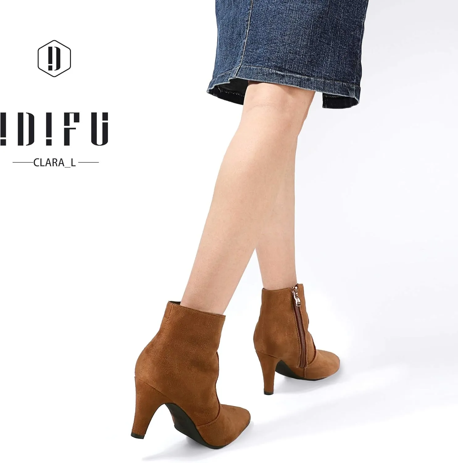IDIFU Women's CLARA-Z Pointed Toe High Heel Ankle Booties Zipper Buckle Strap Short Boots