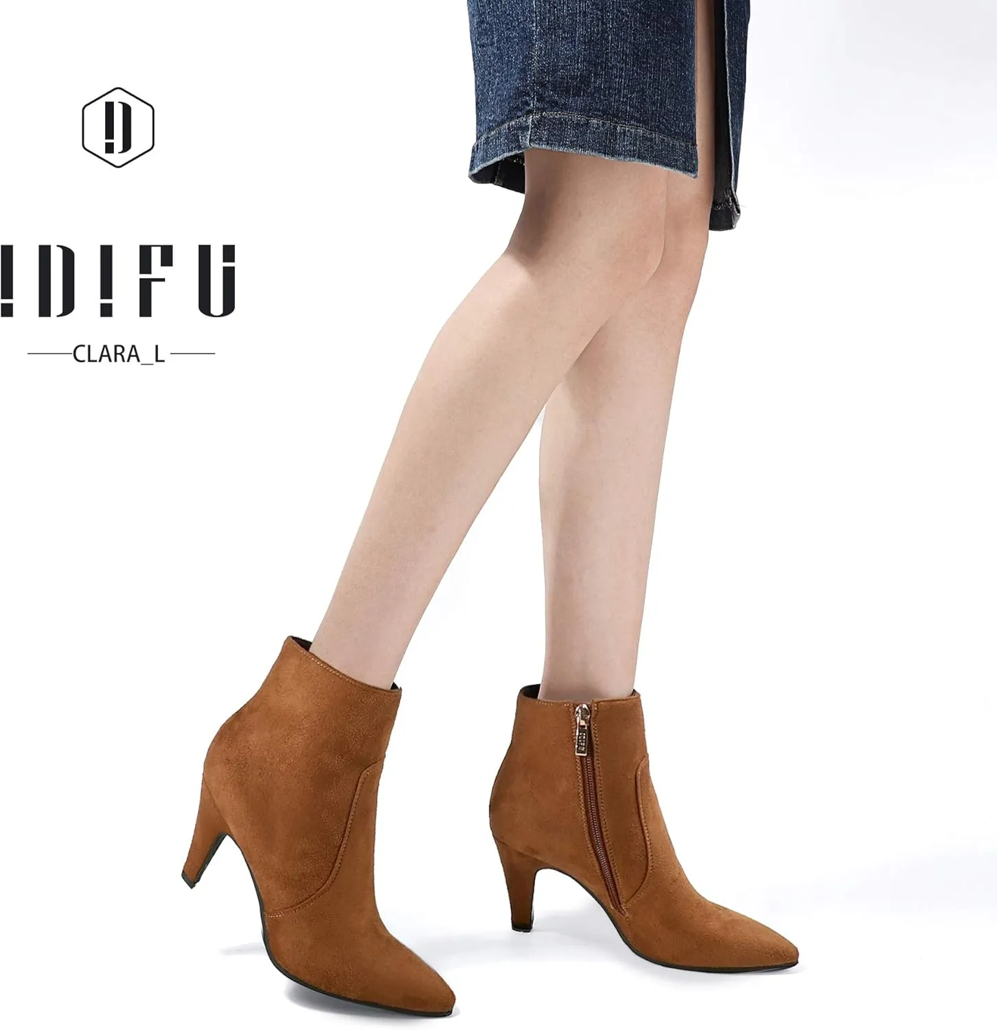IDIFU Women's CLARA-Z Pointed Toe High Heel Ankle Booties Zipper Buckle Strap Short Boots