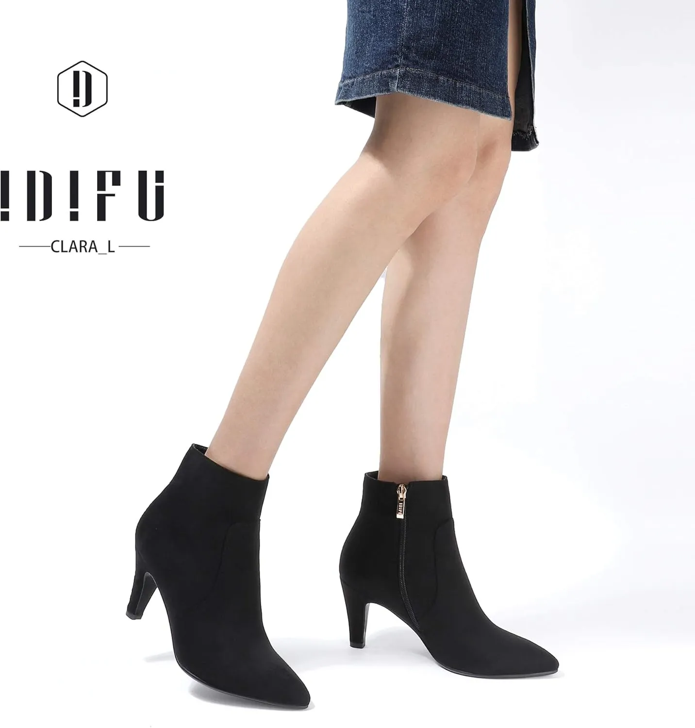 IDIFU Women's CLARA-Z Pointed Toe High Heel Ankle Booties Zipper Buckle Strap Short Boots