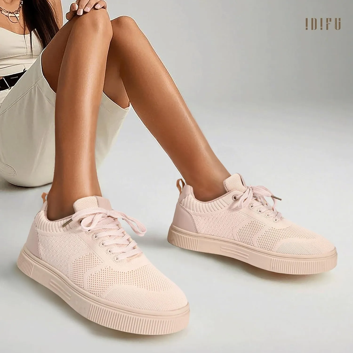 IDIFU Women's Fashion Sneakers Knit Lace Up Mesh Sneakers Ladies Casual Comfortable Dressy Trendy Tennis Shoes Spring Business Walking Work Office Travel Low Top Slide Slip On Flat Sneakers Shoes