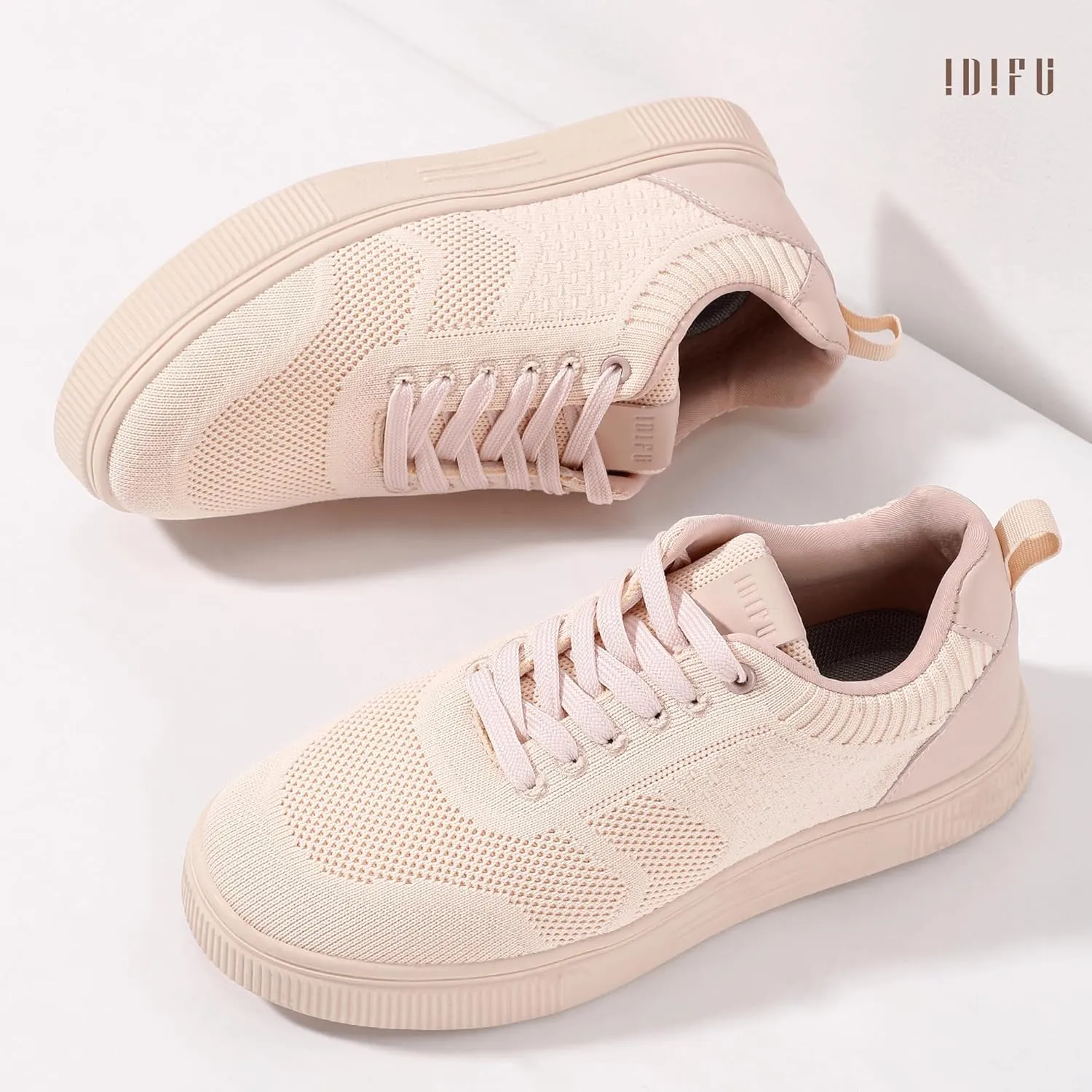 IDIFU Women's Fashion Sneakers Knit Lace Up Mesh Sneakers Ladies Casual Comfortable Dressy Trendy Tennis Shoes Spring Business Walking Work Office Travel Low Top Slide Slip On Flat Sneakers Shoes