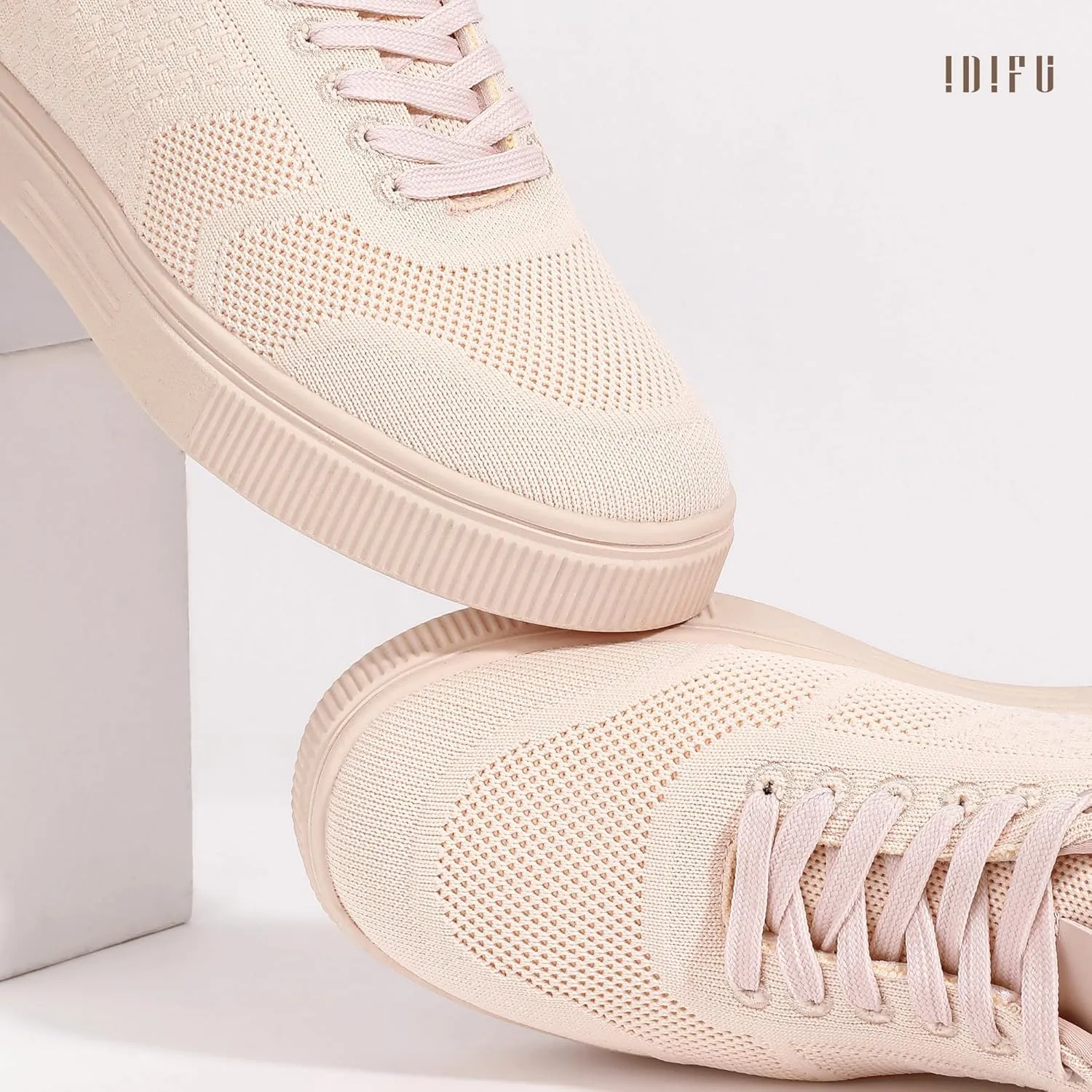 IDIFU Women's Fashion Sneakers Knit Lace Up Mesh Sneakers Ladies Casual Comfortable Dressy Trendy Tennis Shoes Spring Business Walking Work Office Travel Low Top Slide Slip On Flat Sneakers Shoes