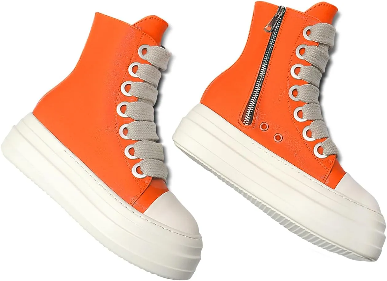 IMPREMEY Women's High Top Sneakers Lace Up PU Leather Shoes with Thick Soles and Zipper Rough Tape, Fashionable Walking Shoes