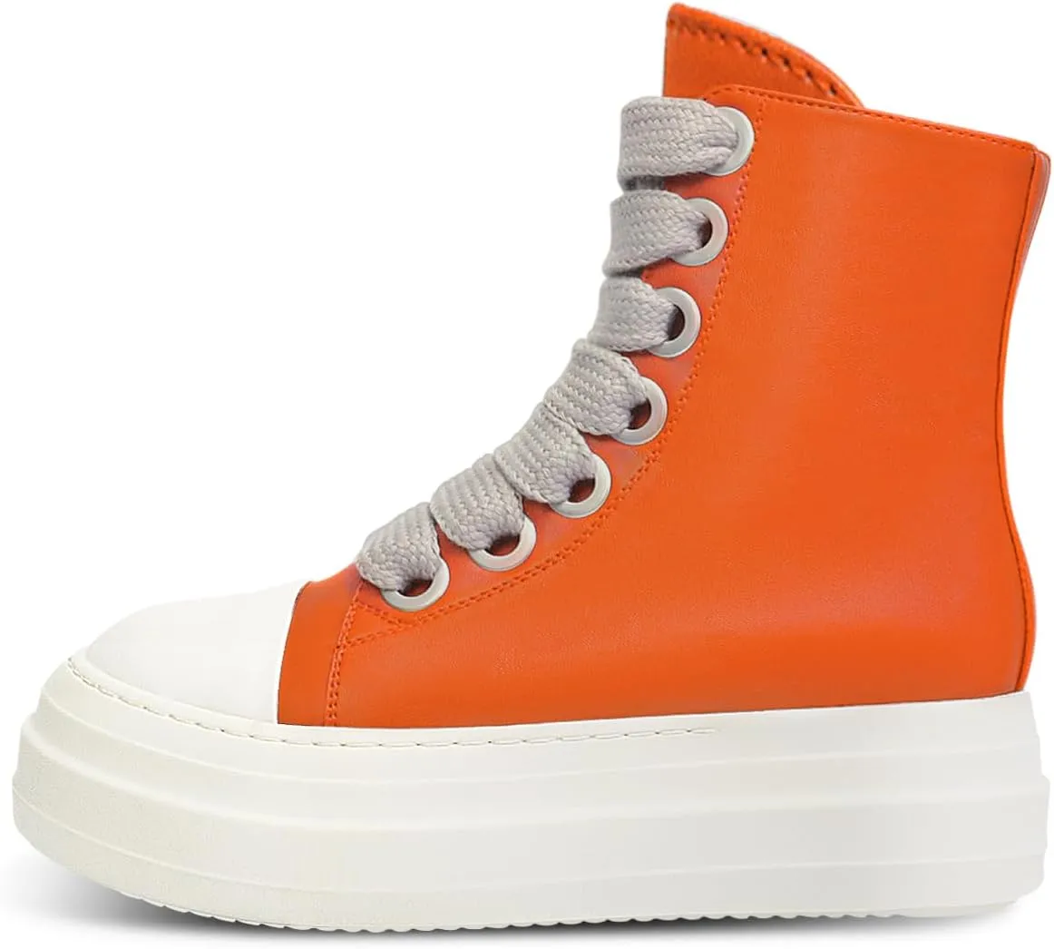 IMPREMEY Women's High Top Sneakers Lace Up PU Leather Shoes with Thick Soles and Zipper Rough Tape, Fashionable Walking Shoes