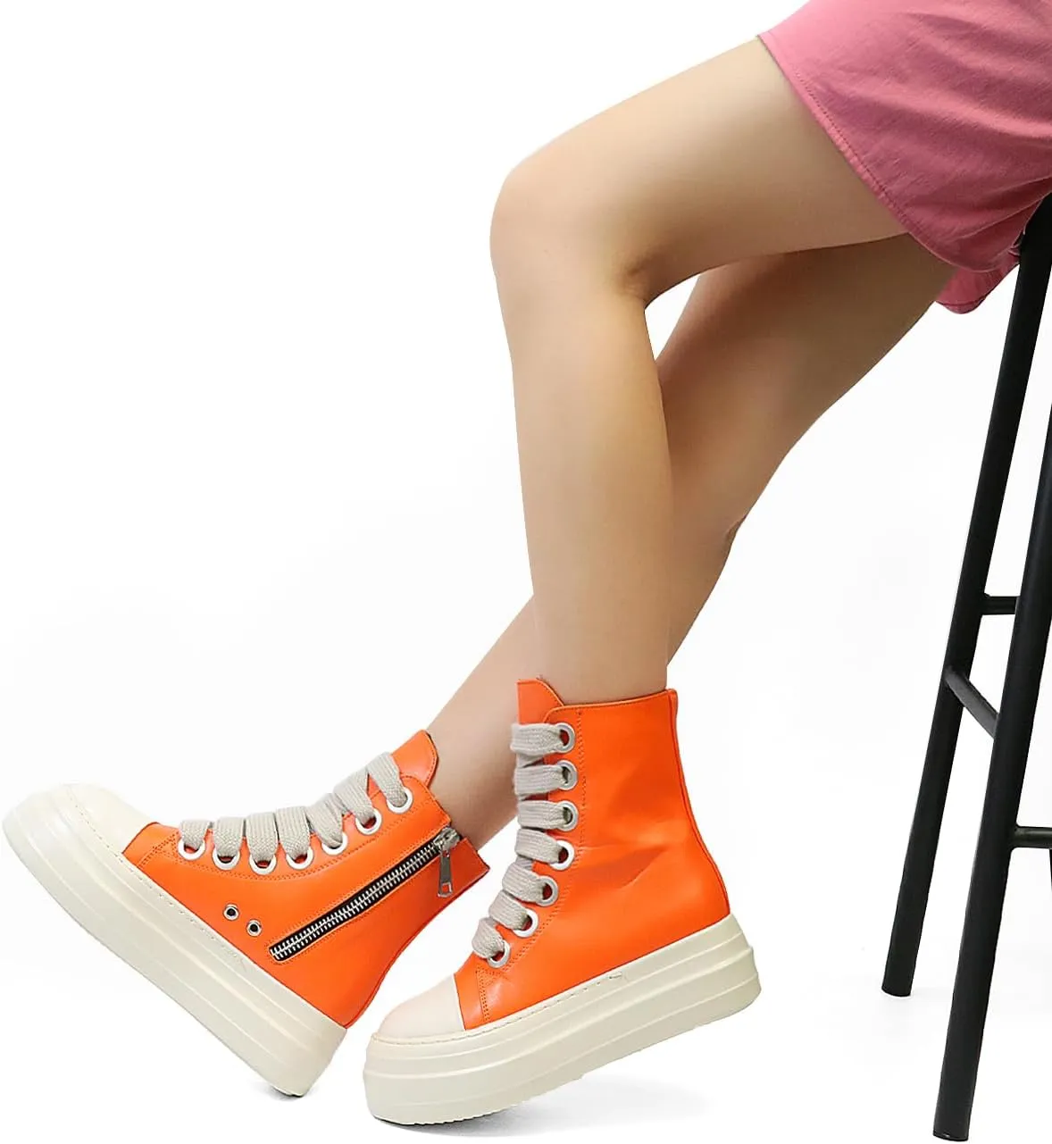 IMPREMEY Women's High Top Sneakers Lace Up PU Leather Shoes with Thick Soles and Zipper Rough Tape, Fashionable Walking Shoes