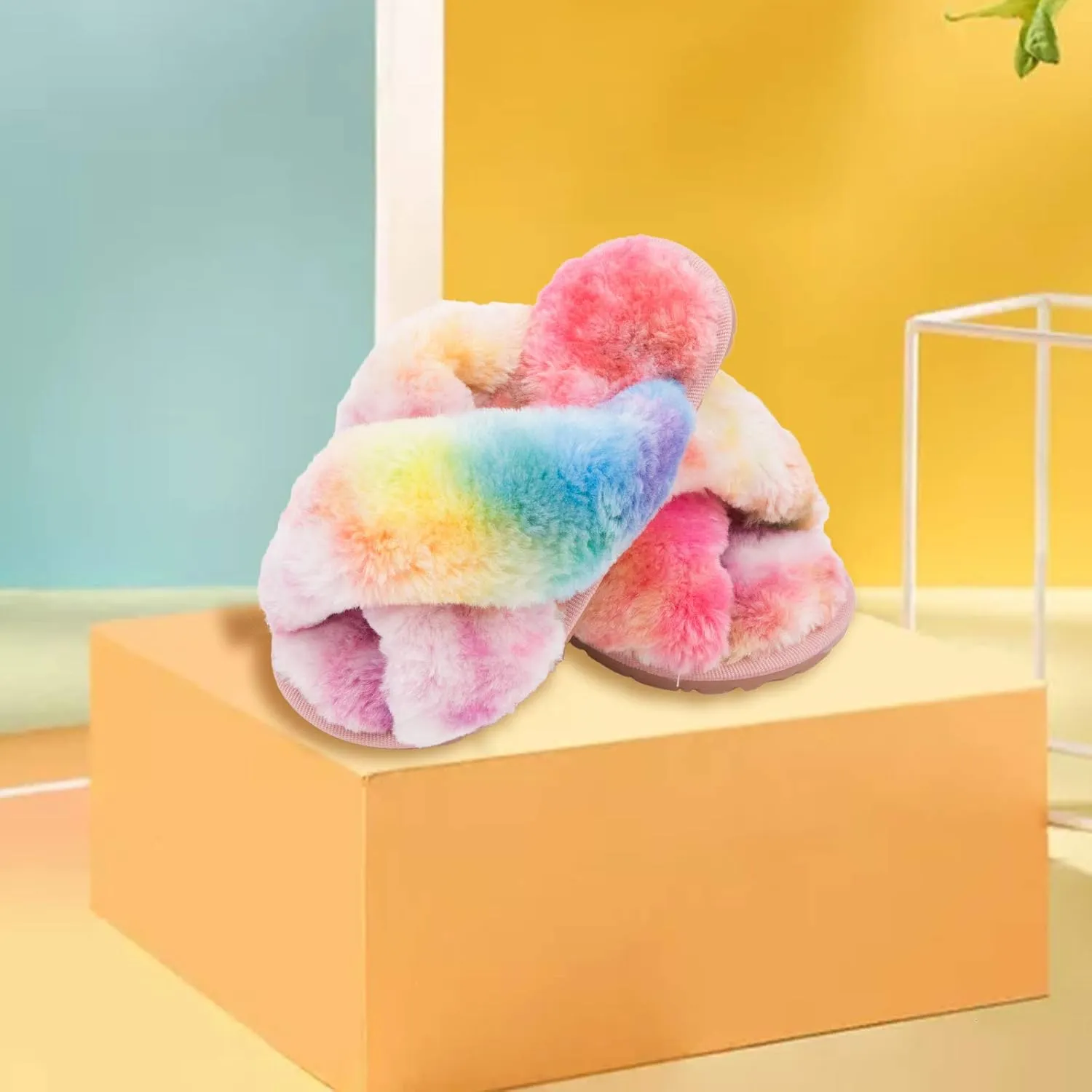 ISZPLUSH Girl's Fluffy Slippers Kids' Fuzzy Slippers Slide Sandals Leopard Tie Dye Cross Band Plush Open Toe Slip on House Bedroom Slippers