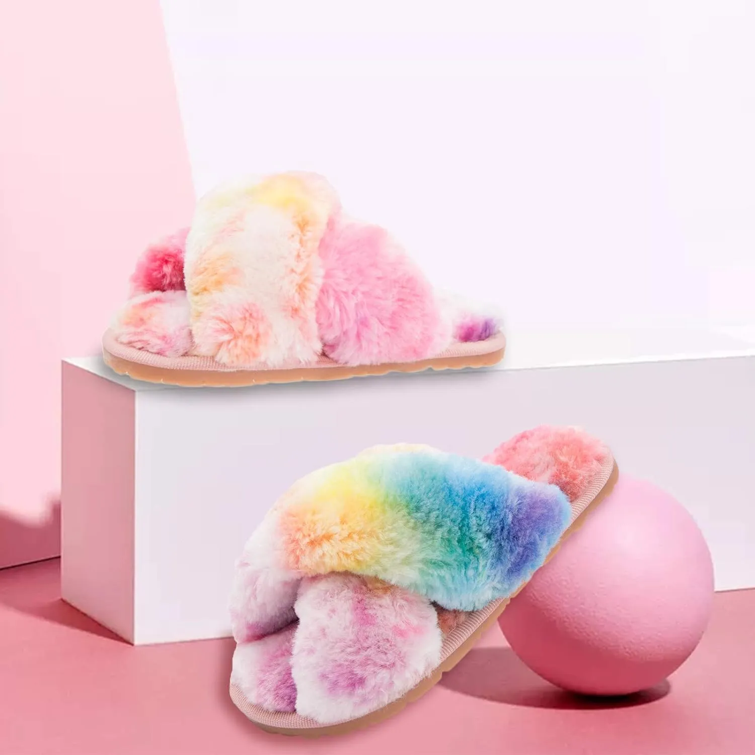 ISZPLUSH Girl's Fluffy Slippers Kids' Fuzzy Slippers Slide Sandals Leopard Tie Dye Cross Band Plush Open Toe Slip on House Bedroom Slippers