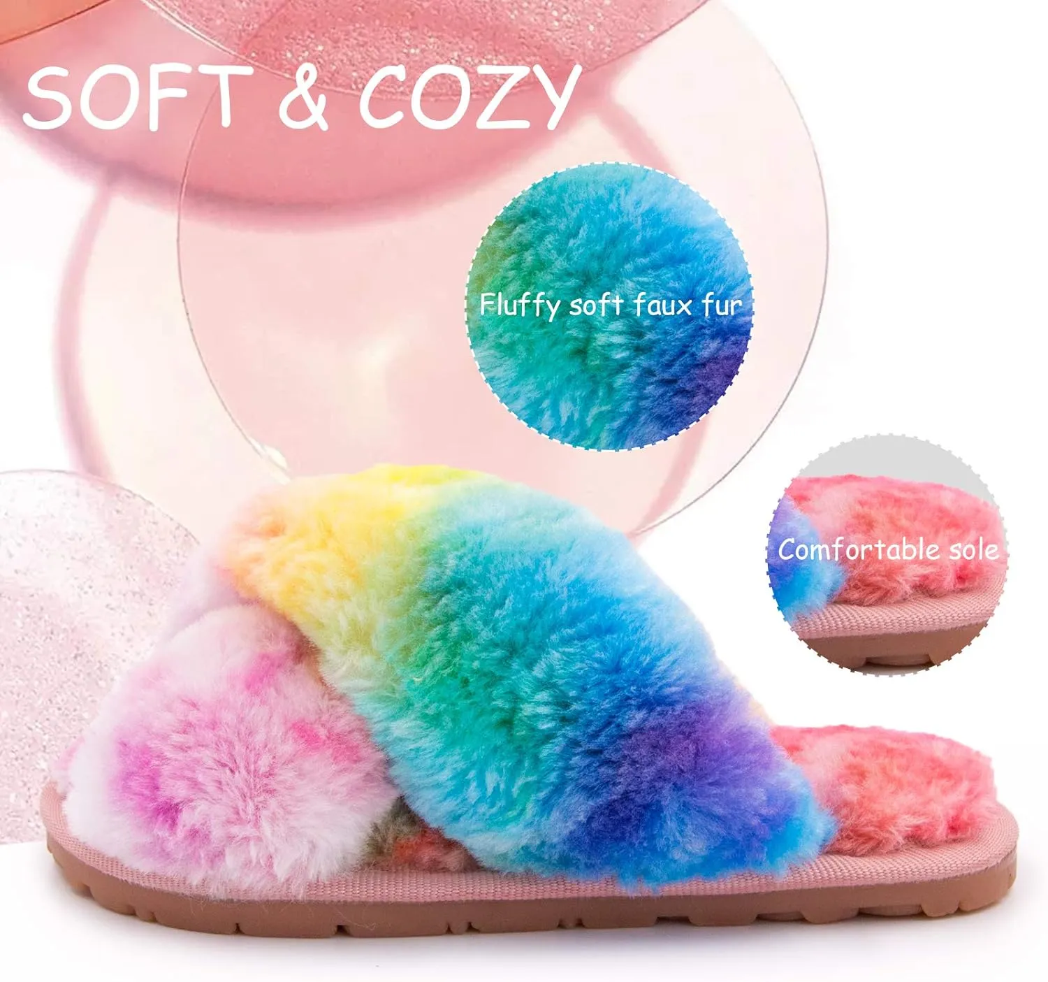 ISZPLUSH Girl's Fluffy Slippers Kids' Fuzzy Slippers Slide Sandals Leopard Tie Dye Cross Band Plush Open Toe Slip on House Bedroom Slippers