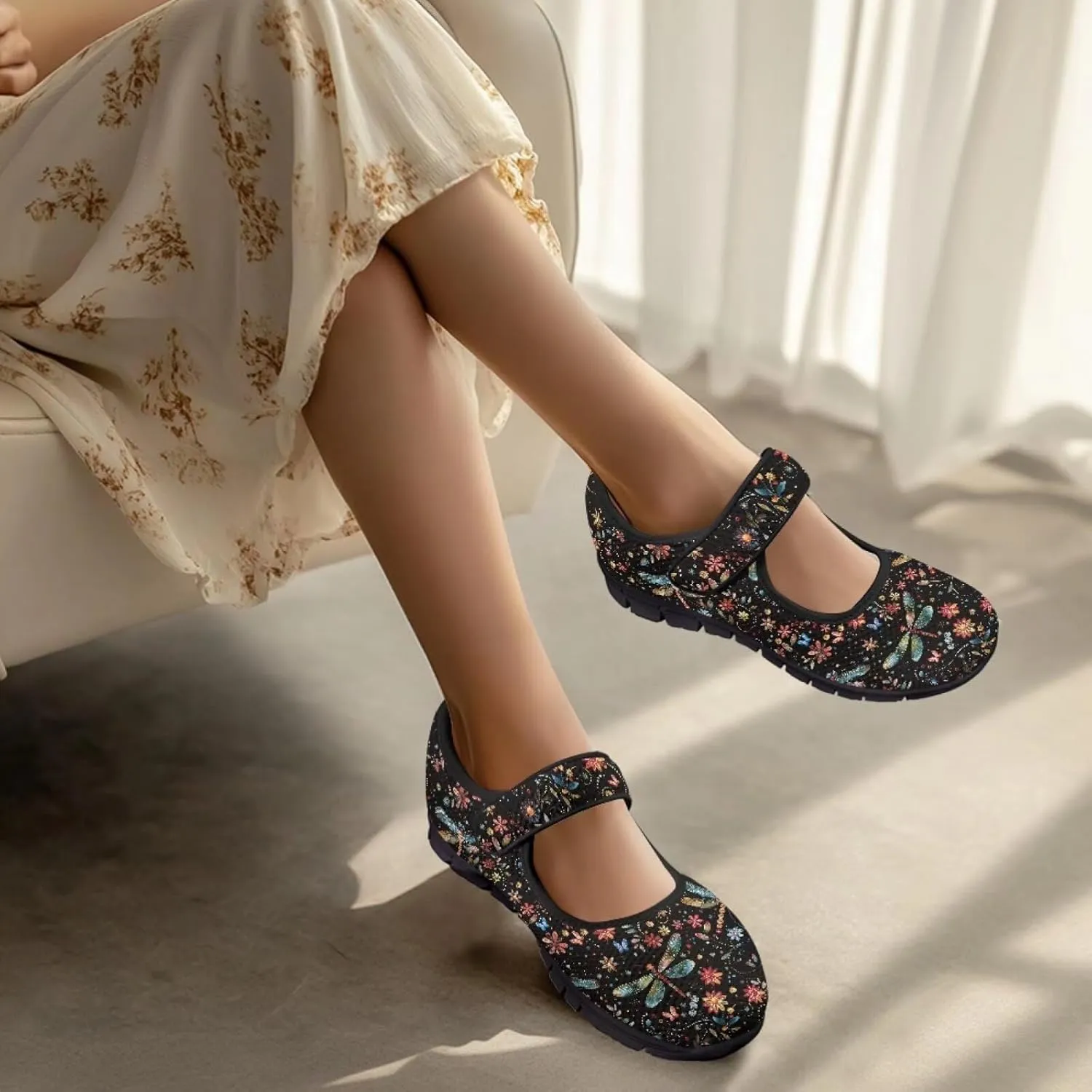 Jeiento Slip On Dragonfly Mary Jane Flats Ballet Flats Shoes for Women Round Toe Casual Dress