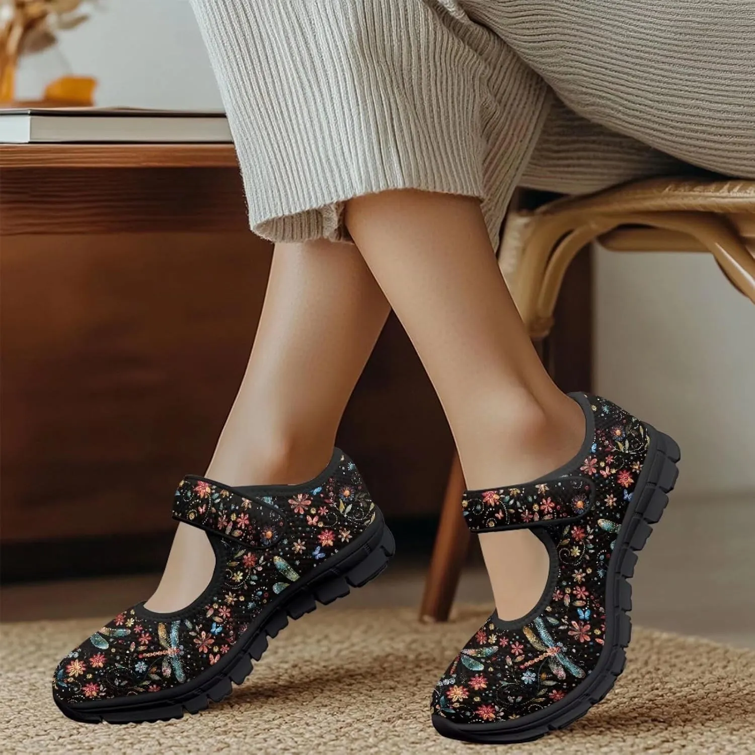 Jeiento Slip On Dragonfly Mary Jane Flats Ballet Flats Shoes for Women Round Toe Casual Dress